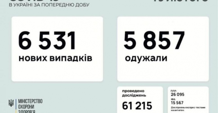 В Украине за последние сутки выявили 6 531 новый случай инфицирования коронавирусом