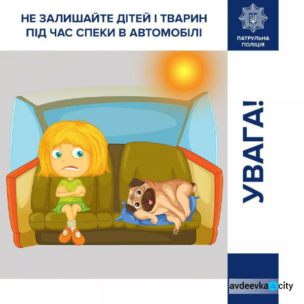 Патрульна поліція закликає не залишати дітей та тварин у спеку в автівках